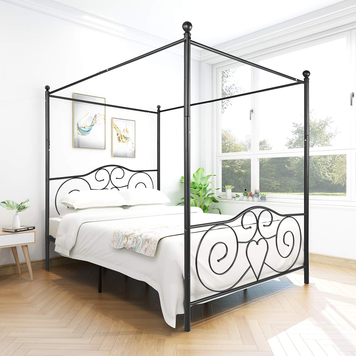 SYING88 Metal Canopy Bed Frame with Ornate European Style Headboard & Footboard Four-Poster Canopied Platform Bed/Sturdy Steel H/Under-Bed Storage Space/No Box Spring Needed/Easy Assembly/Black