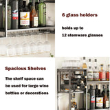HEONITURE Wall Mounted Wine Rack with Glass Holder,Metal Floating Bar Liquor Shelves 2 Tier,Wine Glass Rack Multi Functional Wine Storage Display Rack for Home Bar Dining Room Kitchen HEONITURE