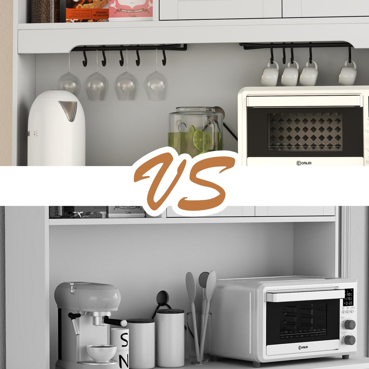 Kitchen Pantry Storage Cabinet,Freestanding Buffet Cabinet with Wine Glass Holder and 2 drawers,Food Pantry with Doors and Shelves,Tall Kitchen Hutch with Microwave Stand for Kitchens(White+Black) Gyfimoie