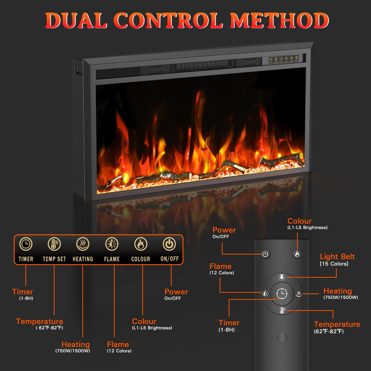 Weyderk 62"Electric Fireplace with Mantel for Living Room or Bedroom, Replaceable 36"Fireplace Insert Heater, Grey Marble Finish with Mantel, 3D Realistic Log and Flame Effect, Remote Control, Timer Weyderk