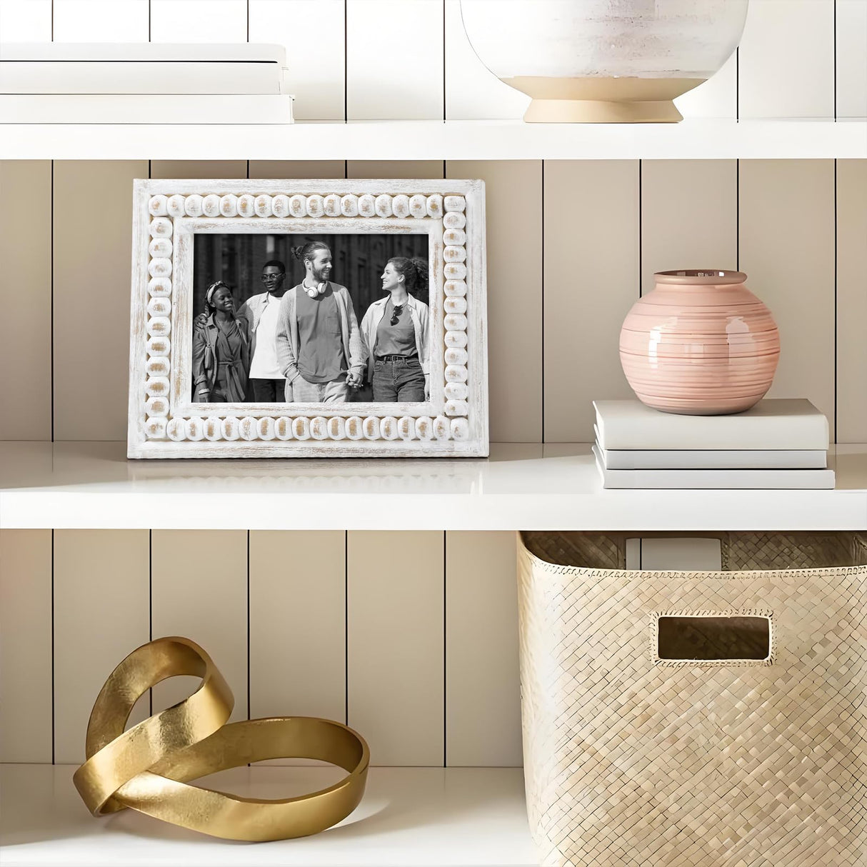 UPPER DECOR Whitewashed Wooden 5x7 Picture Frame with Beaded Design – Rustic and Boho Style, Decorative 5x7 Photo Frame for Home Decor, Farmhouse Rustic Picture Frame for Photos UPPER DECOR