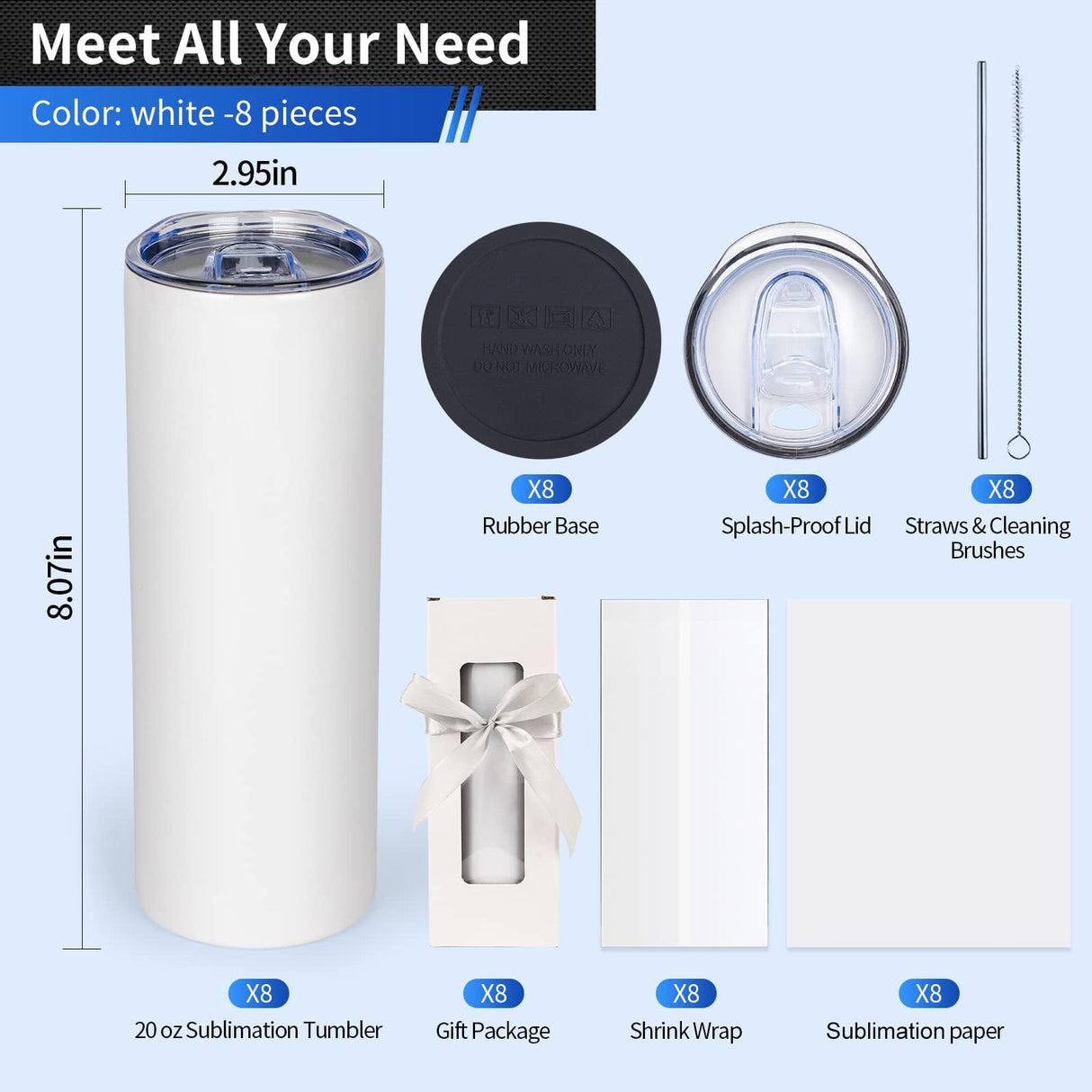 UIRZOTN 8 Pack 20 OZ Sublimation Tumbler Blanks Skinny Straight in Bulk, Stainless Steel Insulated Sublimation Tumbler with Polymer Coating for Heat Transfer, With Lid, Straw, ribbon, Gift Box UIRZOTN