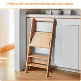 COSYLAND Foldable Toddler Standing Tower - Adjustable Height Folding Step Stool Kids Toddler Kitchen Stool Helper for Learning and Cooking - Ages 18 Months to 6 Years with Safety net Natural COSYLAND