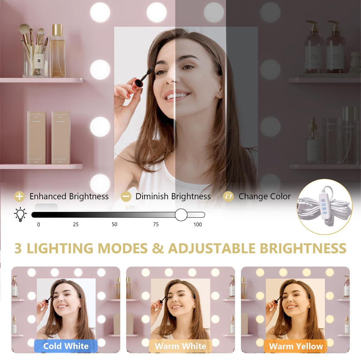 Vanity Makeup Desk with Mirror and Lights, Farmhouse Vanity Table Set with Storage Drawers, Charging Station & Chair, 43" Large Rustic Dressing Table, 3 Lighting Modes for Women Girls Bedroom, Pink Xixini