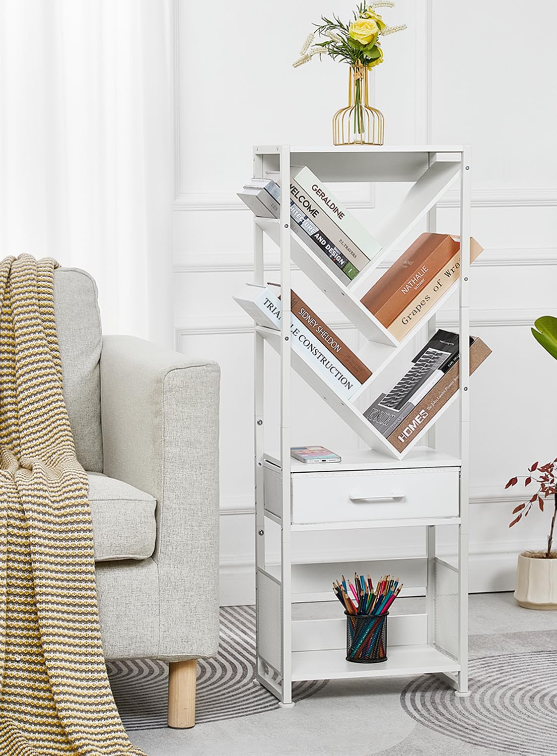 ZEXVIDA Bookshelf with Drawer,8 Tier Tree Bookcase Retro Floor Standing Bookshelves,Tall Wood Bookcases with Cabinet Storage Organizer for Living Room, Bedroom & Home Office, White ZEXVIDA