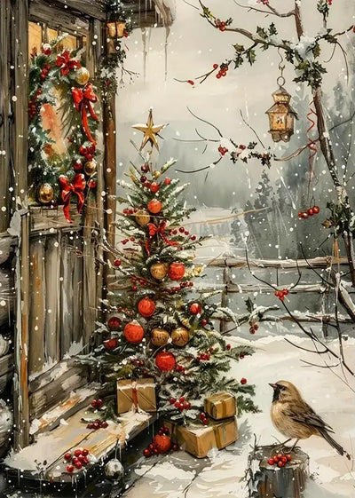 Christmas Tree House Bird Diamond Painting Kits for Adults, 5D Diamond Art Kits for Adults Beginners, DIY Full Round Drill Diamond Dot Painting Gem Art Kits for Adult, Home Wall Decor 11.8x15.7 Inch