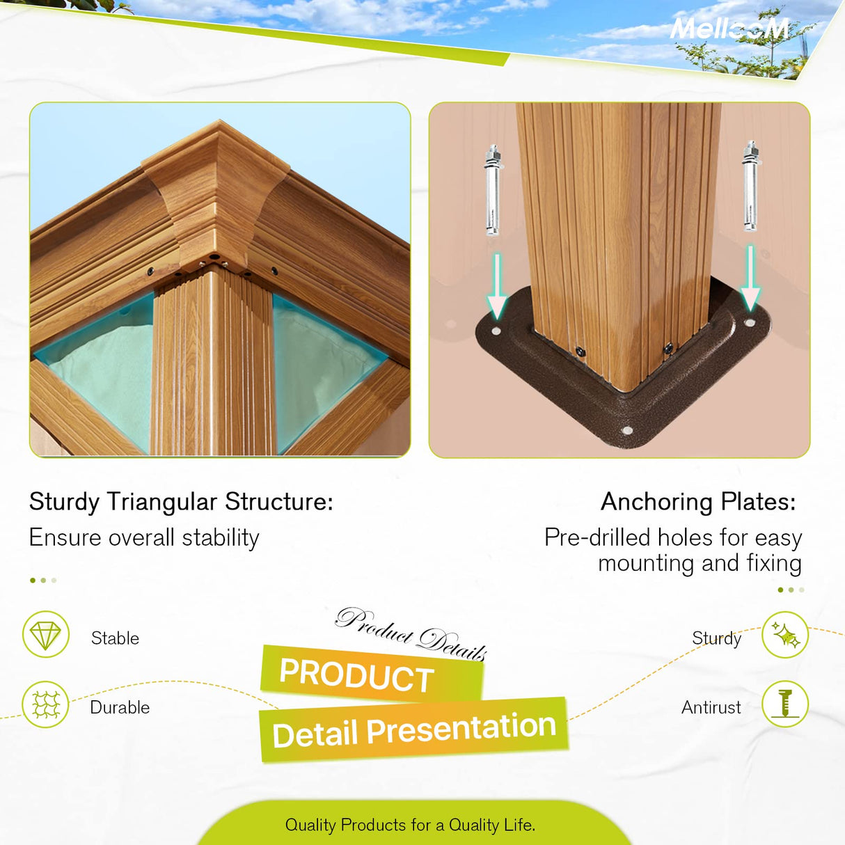 MELLCOM 14' x 20' Hardtop Gazebo, Wooden Finish Coated Aluminum Frame Gazebo with Galvanized Steel Double Roof, Brown Metal Gazebo with Curtains and Nettings for Patios, Gardens, Lawns MELLCOM