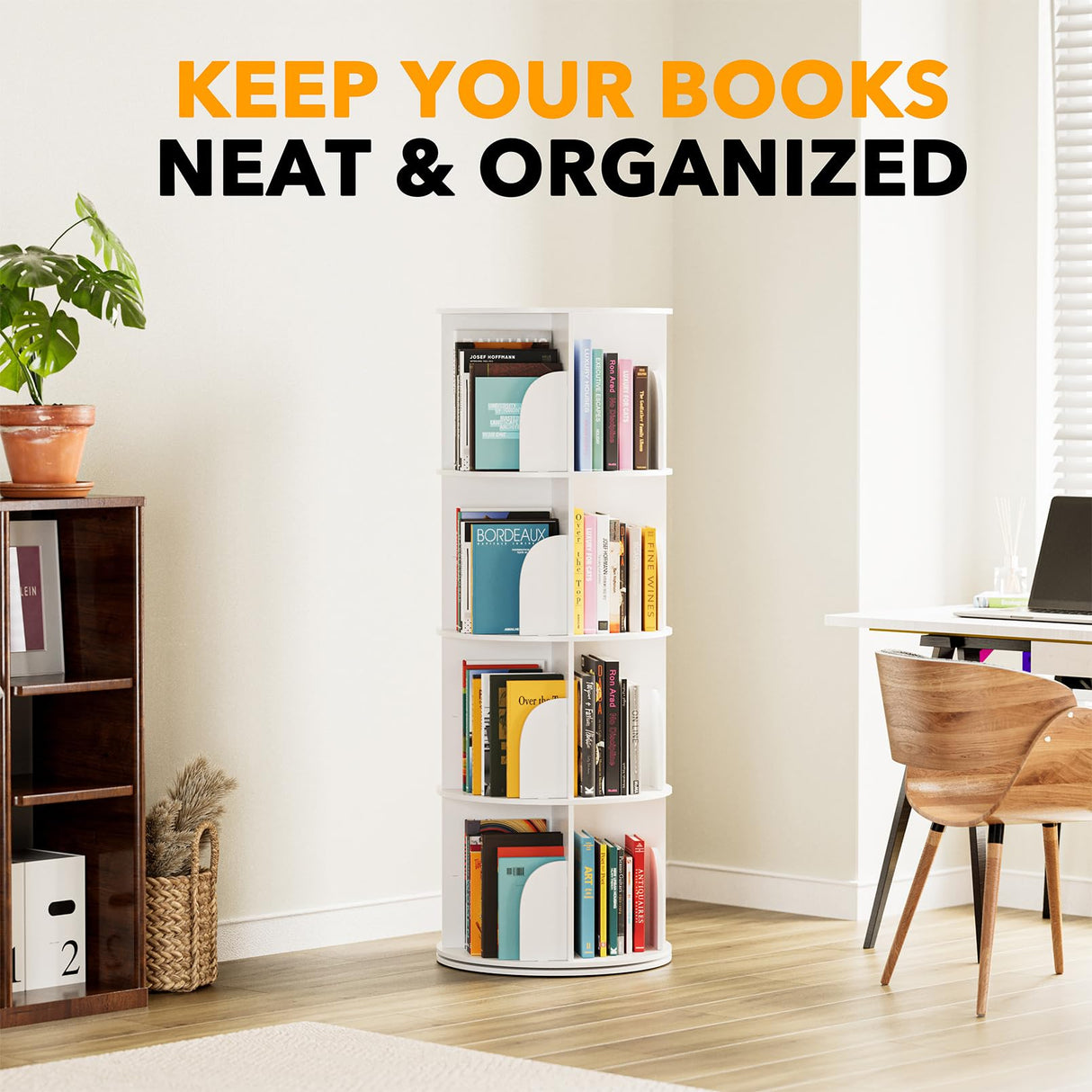 SpaceAid 4-Tier White Rotating Bookshelf Tower - Spinning Lazy Susan Bookcase Organizer SpaceAid