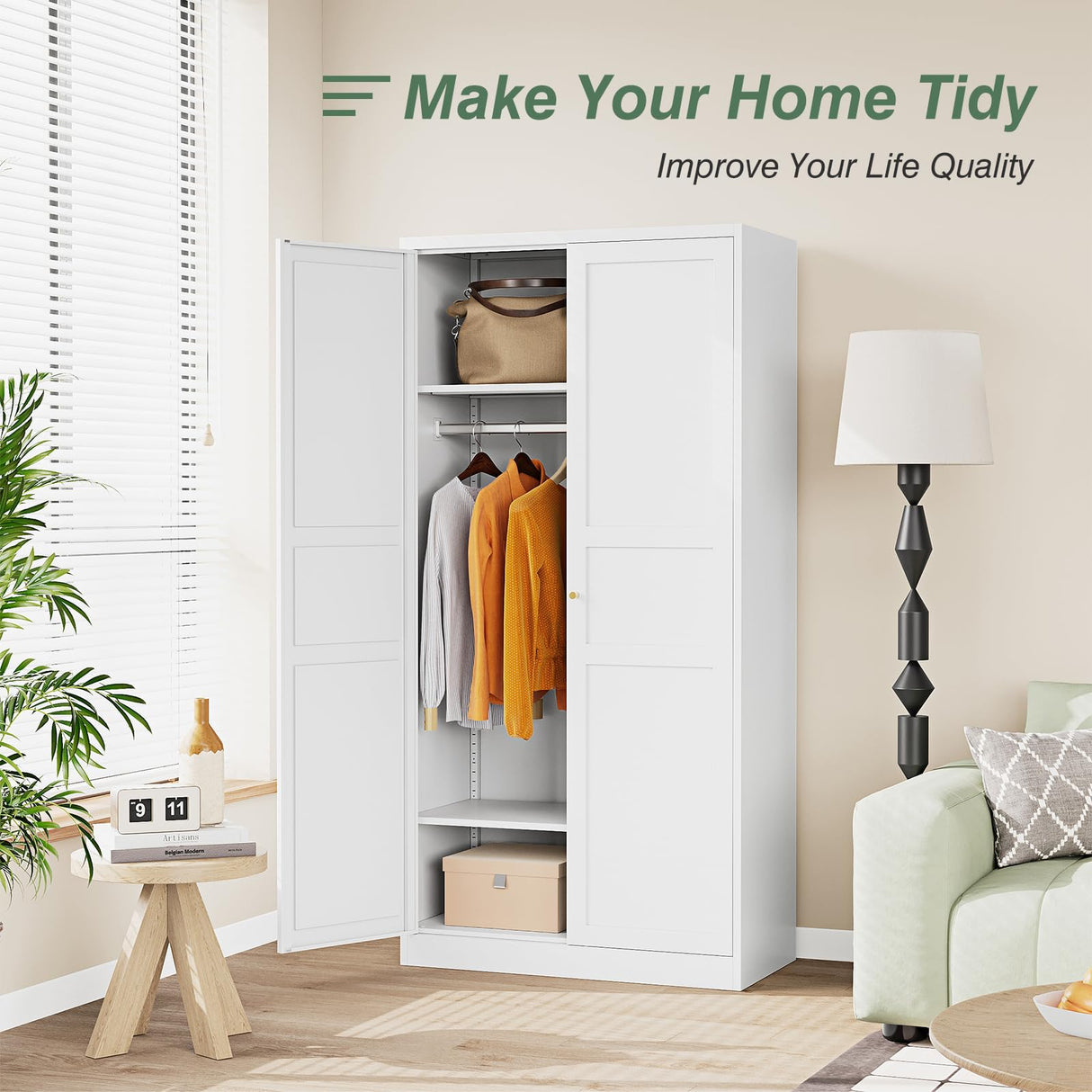 LISSIMO Metal Armoire Wardrobe Closet Cabinet,White Armoire Wardrobe Closets Storage Cabinets with Doors and Adjustable Shelves for Laundry Room,Bedroom,Bathroom LISSIMO