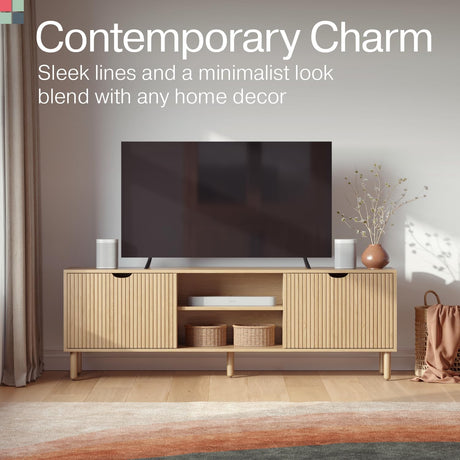 Contemporary Fluted TV Stand - Media Console - 70 Inch Entertainment Center with Storage - Console Table for Living Room and Bedrooms - Supports 32 to 80" TVs - Soft-Close Cabinet Doors (Light Oak) Stead