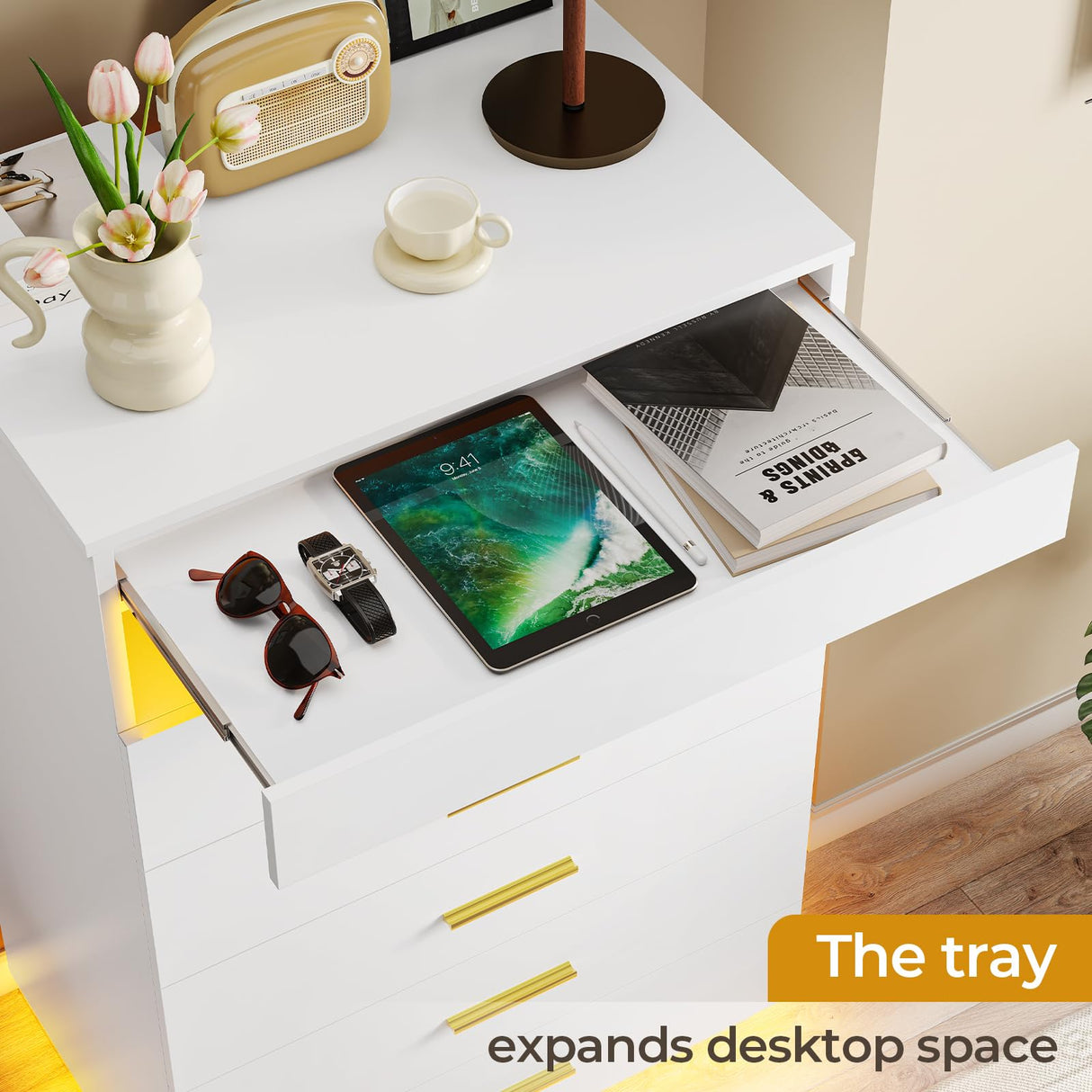 BTHFST White Dresser with LED Lights, Floating Tall Dresser with 5 Large Drawers & Open Storage Space & Pull Out Tray, Chest of Drawers, 5 Drawer Dresser Wood for Bedroom, Living Room BTHFST