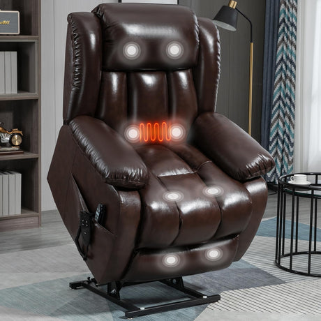 EZZUP Power Lift Chairs for Elderly, Dual Motor Oversized Recliner with 8-Point Vibration Massage and Lumbar Heating, Genuine Leather Electric Recliner Chairs, Antique Brown Recliner EZZUP