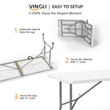 VINGLI 6 Foot Plastic Folding Table Portable Long Table for Indoor Outdoor Use Rectangular with Carrying Handle, Smooth HDPE Tabletop, White VINGLI