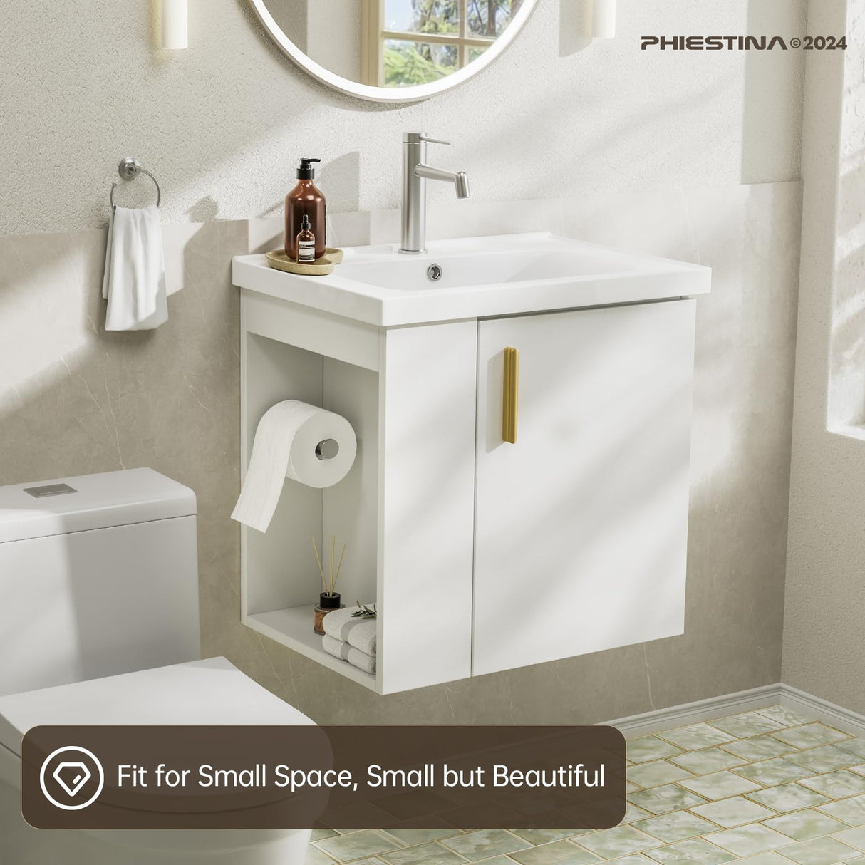 phiestina Pre-Assembled 20 Inch White Floating Small Bathroom Vanity, Wall Mounted Cabinet with Sink, Left Side Storage, Soft-Close Door, Modern Space-Saving Design, No Faucet, BV04-20-WHITE-PLUS phiestina