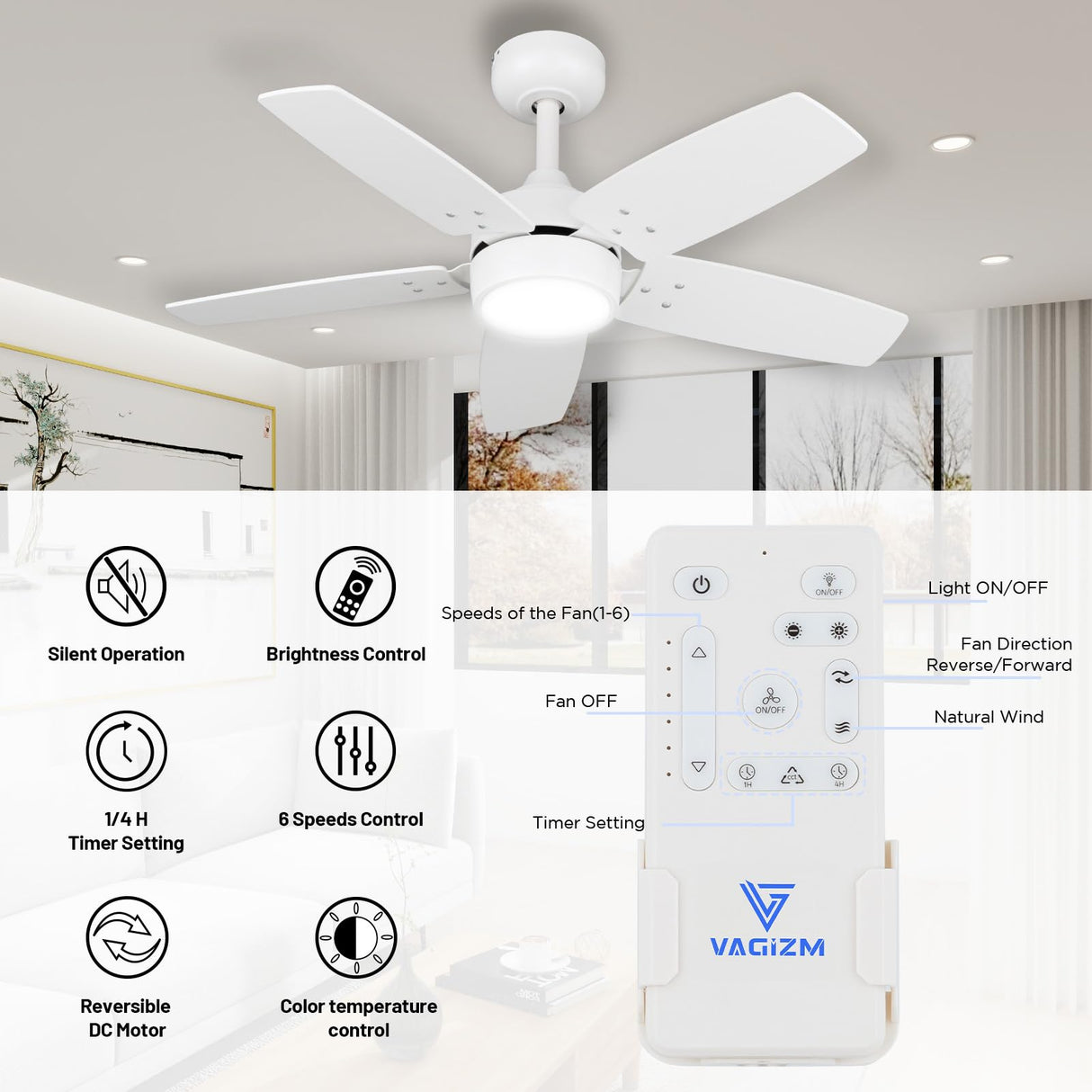 Vagizm Ceiling Fan 36'' for Small Room: Matte White Modern Fans with Light Remote Control - Reversible Quiet DC Motor Dimmable with 6 Speeds for Dorm Room Bedroom Indoor Outdoor Use Vagizm