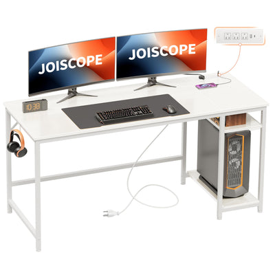 JOISCOPE Computer Desk with USB & Type-C Outlet, Home Office Desk with 2-Tier Storage Shelves, Modern Gaming Desktop Workstation, 60 inches, White