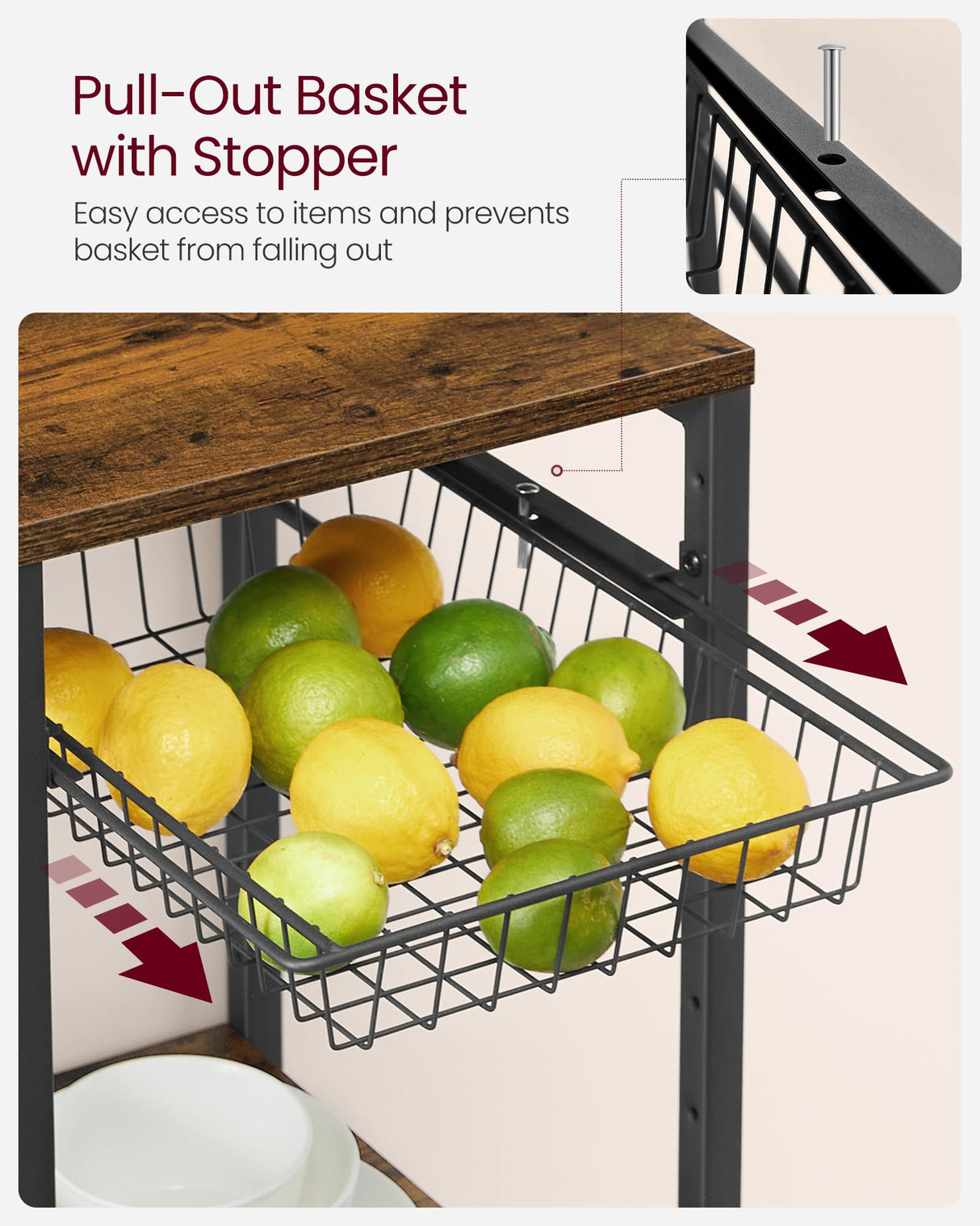 VASAGLE Baker's Rack, Coffee Bar Stand with Charging Station, Storage Shelves, Pull-Out Wire Basket, Table for Microwave, Kitchen, Rustic Brown UKKS036K01, 15.7 x 35.4 x 35.6 Inches VASAGLE