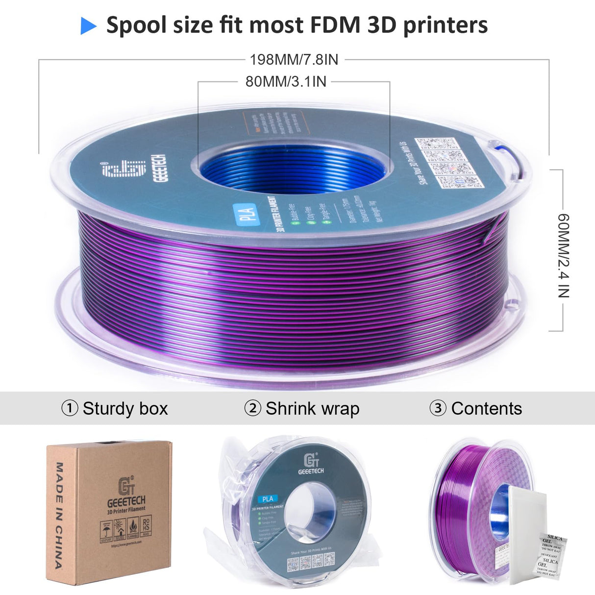 Geeetech Silk PLA Tri Color Filament 1.75mm 3D Printer Filament,Coextrusion Blue Purple Black Tri-Colors Metal-Like Shiny Silk PLA Filament,1kg (2.2lbs) 1 Spool,Dimensional Accuracy +/- 0.03 mm Geeetech