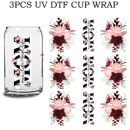 UV DTF Glass Cup Wrap Transfer Decal-3PCS Sublimation Design Mom Life Flower Craft Wrap Transfers Mama Flower Waterproof Decal for 16oz Glass Cups, Ceramic Mug DIY Crafts, Gifts for Mom