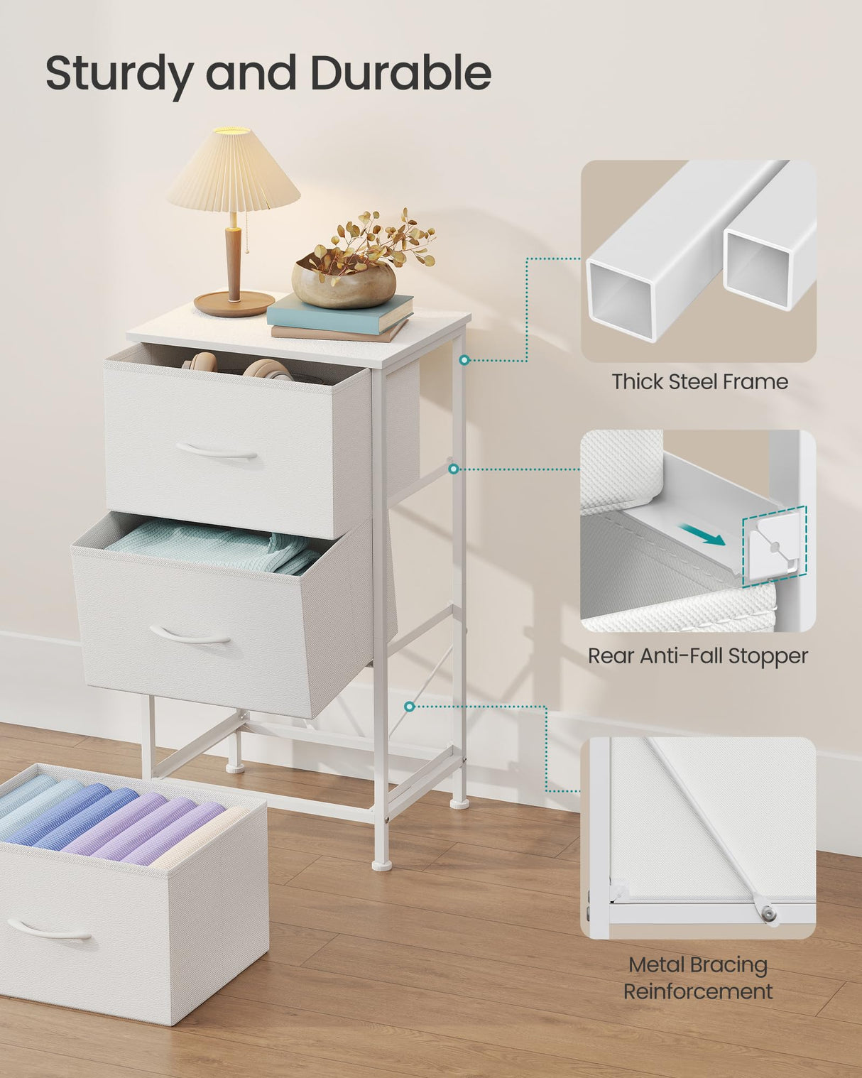 SONGMICS Dresser for Bedroom, Chest of Drawers, Steel, MDF, 3 Non-Woven Fabric Drawers, Storage Organizer Unit, Closet, Entryway, Cloud White and Snow White ULGS313W01S SONGMICS