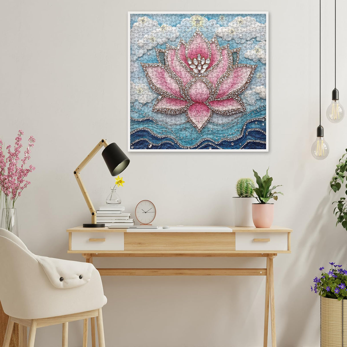 3D Crystal Diamond Lotus Jigsaw Puzzle 1000 Piece for Adult, Art Aesthetic Pretty Jewel Jigsaw Puzzles, Difficult Flower Plant Embroidery Puzzle Larkipuzz