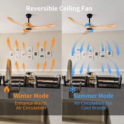 FOBLKS 52" Indoor/Outdoor Wooden Ceiling Fan, 3 Blade DC Ceiling Fan with Remote Control, 2 Downrods, Reversible DC Motor 22W Quiet Energy Saving - WoodArtSupply