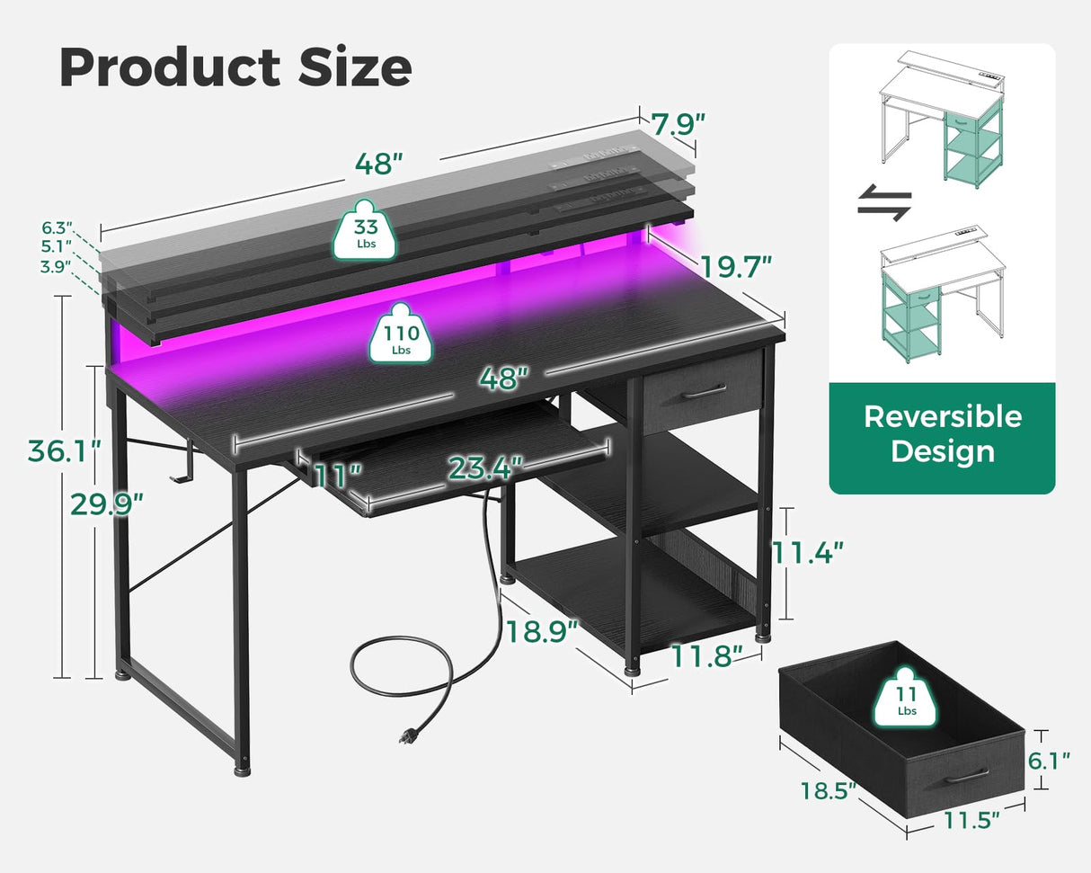 AODK Gaming Desk with LED Lights & Power Outlet, 48 Inch Computer Desk with Keyboard Tray, Office Desk with Drawer, Reversible Desk with Adjustable Monitor Shelf and Storage Shelf, Black AODK