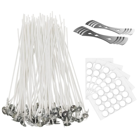 Ohcans 100 Pcs Cotton Candle Wick 8'',Wicks Coated with Paraffin Wax, 100PCS Candle Wick Stickers and 2PCS Metal Candle Wick Holders for Candle Making, Suit for Soy Beeswax Candle Making DIY Ohcans