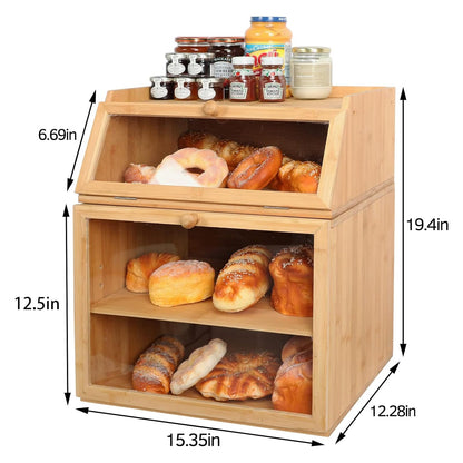 X-cosrack 3-Tier Extra Large Double Separable Bamboo Bread Box Storage with Clear Window and Adjustable Compartment for Kitchen Countertop,Natural