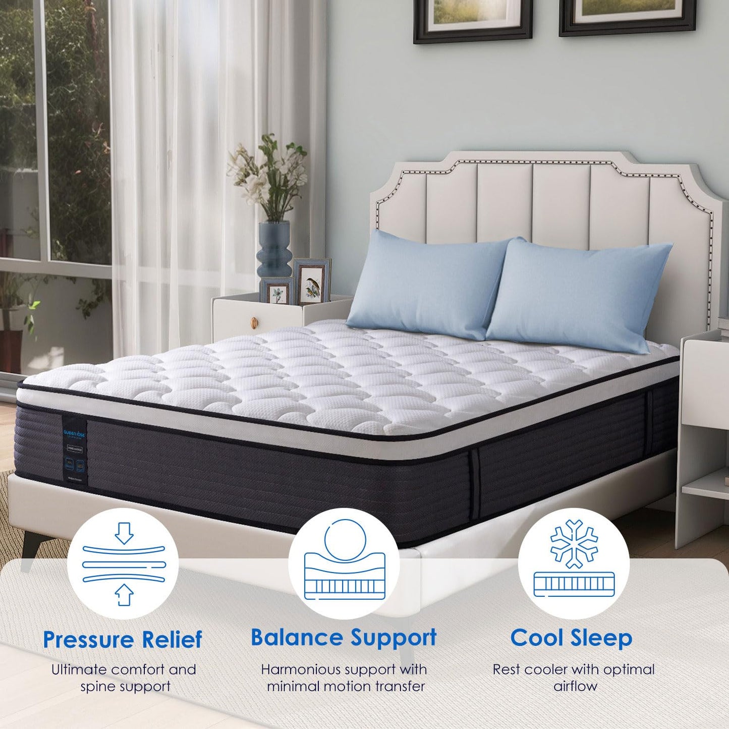 QUEEN ROSE King Mattress, 10 Inch King Size Hybrid Mattress in a Box, Gel Memory Foam & Individually Pocket Innerspring Bed Mattress, Medium Firm CertiPUR-US Certified & Fiberglass Free