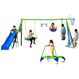 FITNESS REALITY KIDS Sports Outdoor 8 Station Playground Set, Includes Swing Set, Slide, Monkey Bars, Basketball Hoop, Trampoline, Soccer and Basketball + Pump, Green FITNESS REALITY KIDS