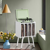 Lerliuo Record Player Stand with Storage Holds Up to 80 Albums, Turntable Stand with Beech Wood Legs, Mid-Century Record Player Table,White Vinyl Holder Display Shelf for Bedroom Living Room Lerliuo