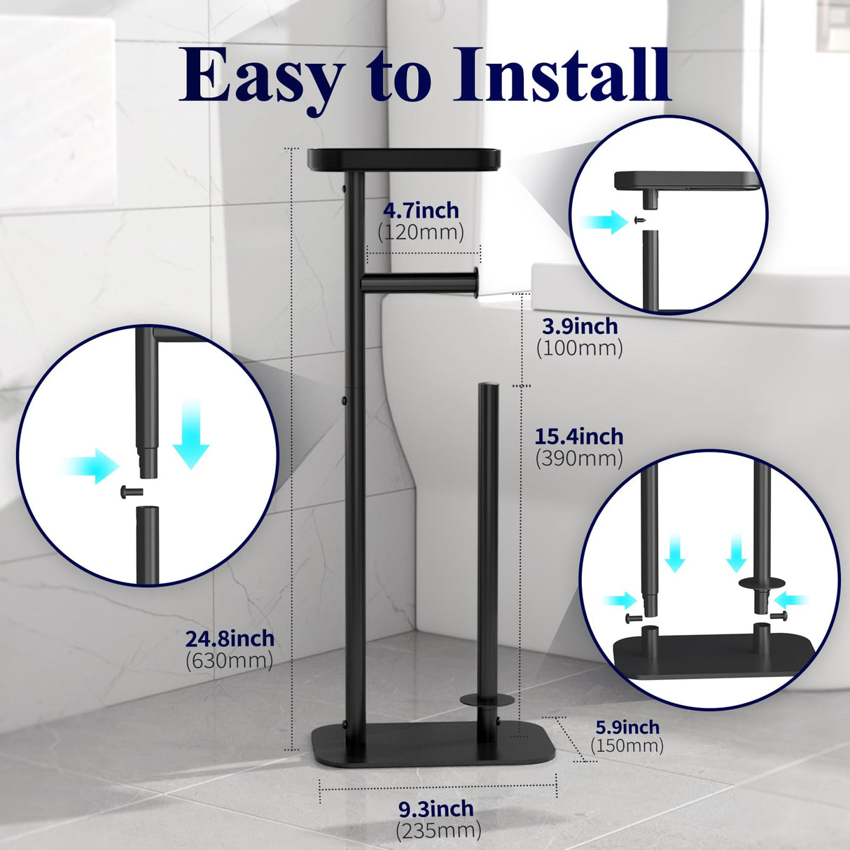 Kitsure Toilet Paper Holder Free Standing - Multifunctional & Rustless Toilet Paper Holder Stand for 4 Rolls, Anti-Slip Black Toilet Paper Holder with Shelf for Phones, Small Items, Black Kitsure