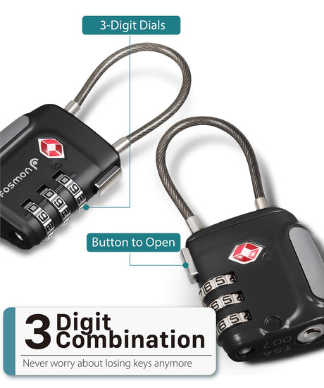 Fosmon TSA Approved Cable Locks for Luggage, Suitcase, Gun Case Lock with Push Release Button, 3 Digit Long Shackle Combination Wire Lock for Backpack Fosmon
