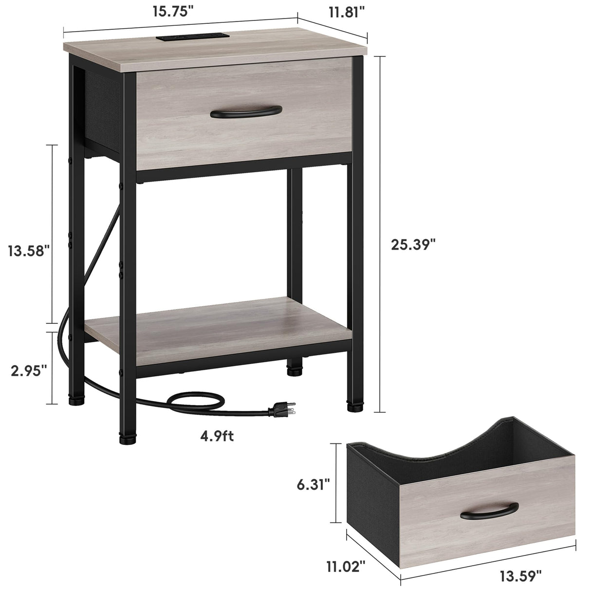 Vagusicc Nightstand Set of 2 with Charging Station, Bed Side Table with Fabric Drawer, Small End Table with 2-Tier Storage Shelves, 25.4" Tall Night Stand Bedside Table for Bedroom Living Room, Greige Vagusicc