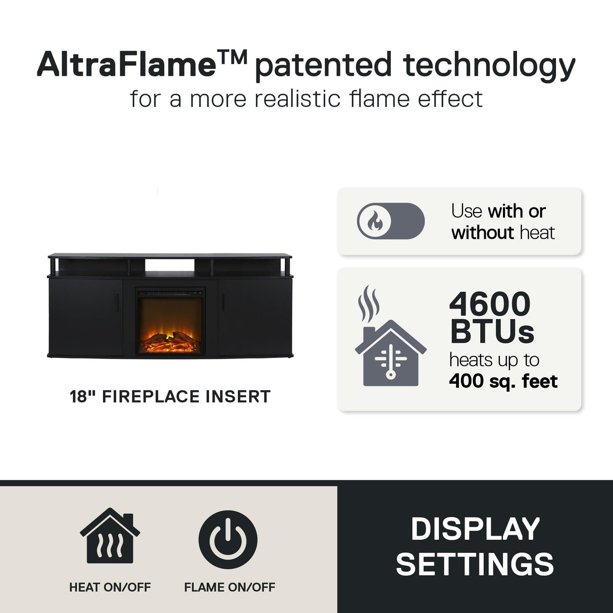 Ameriwood Home Carson Fireplace TV Stand for TVs up to 70 Inch, Replaceable Electric Fireplace Insert Heater, Realistic Log and Flame Effect, For Living Room or Bedroom, Black Ameriwood Home