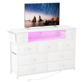 DRAWERHOM Dresser TV Stand with Power Outlets and LED Lights for 55'' TV, 11 Drawers Dresser with Side Pocket, Fabric Chest of Drawers with PU Finish, Sturdy Frame & Wood Top (White) DRAWERHOM