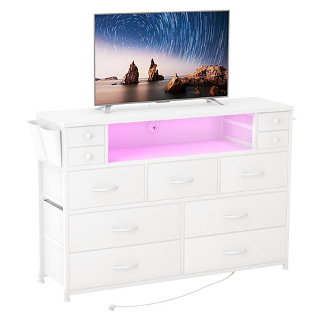 DRAWERHOM Dresser TV Stand with Power Outlets and LED Lights for 55'' TV, 11 Drawers Dresser with Side Pocket, Fabric Chest of Drawers with PU Finish, Sturdy Frame & Wood Top (White) DRAWERHOM