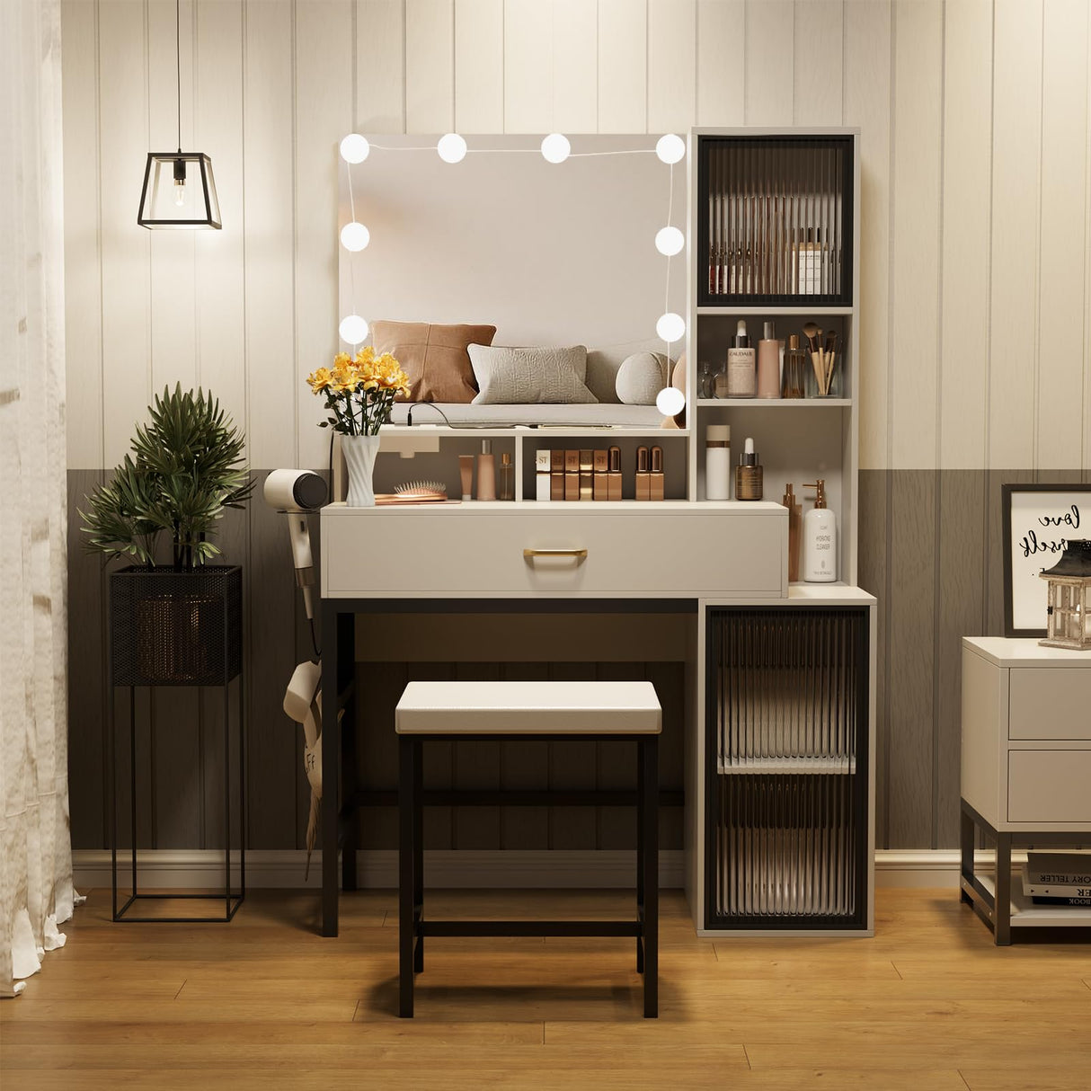 Fameill Vanity with Mirror and Light, Makeup Vanity Desk with 3 Color Lighting, White Vanity with Charging Station and Clothes Hook, Large Vanity Set with Lots Storage, Black Metal Frame Fameill