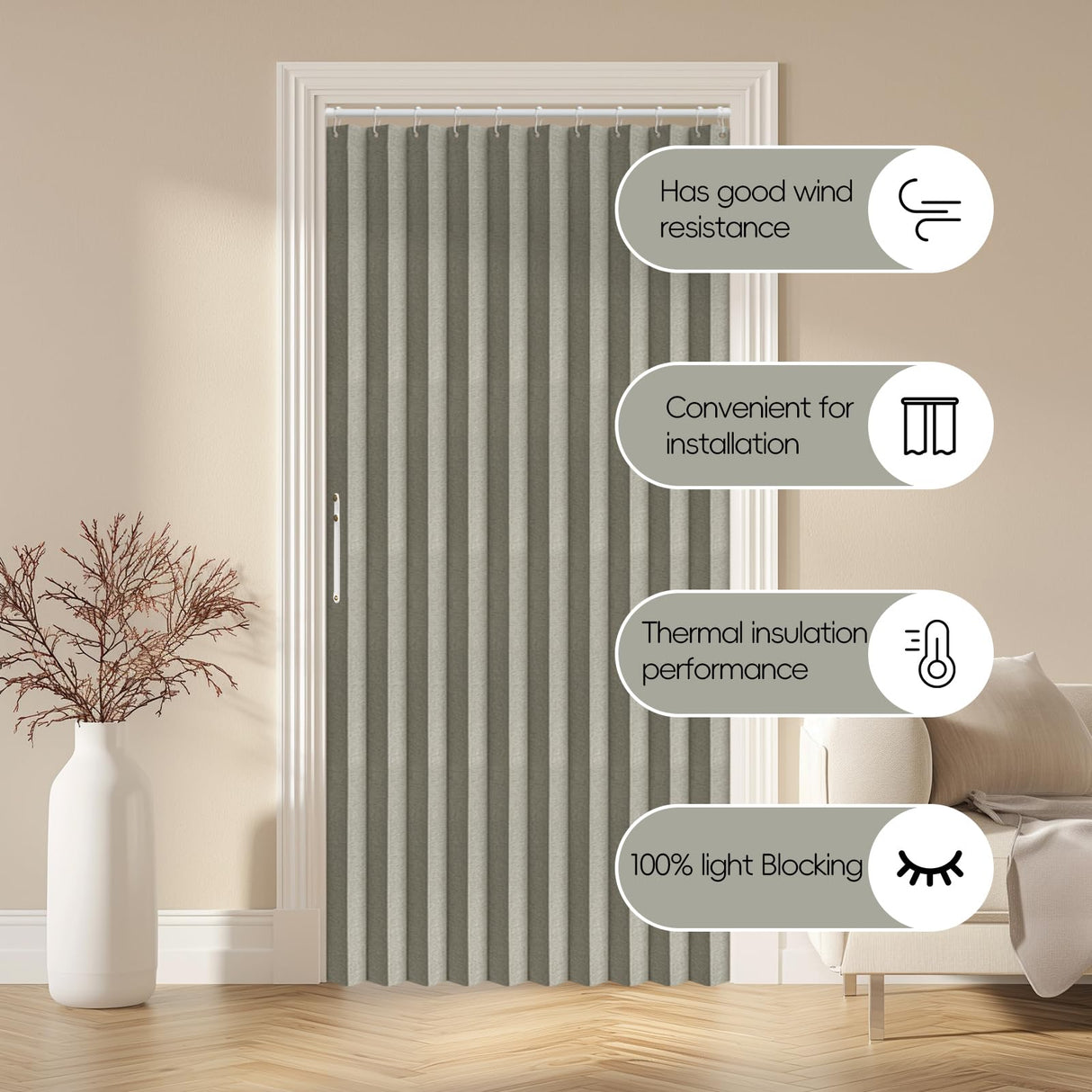 AJAZZ 100% Blackout Magnetic Door Curtain - Pleated Folding Accordion Closet Door Curtain - Invisible, Applicable for Bedroom & Living Room Doorway (Grey, 42" W x 78" L, 1 Panel) AJAZZ