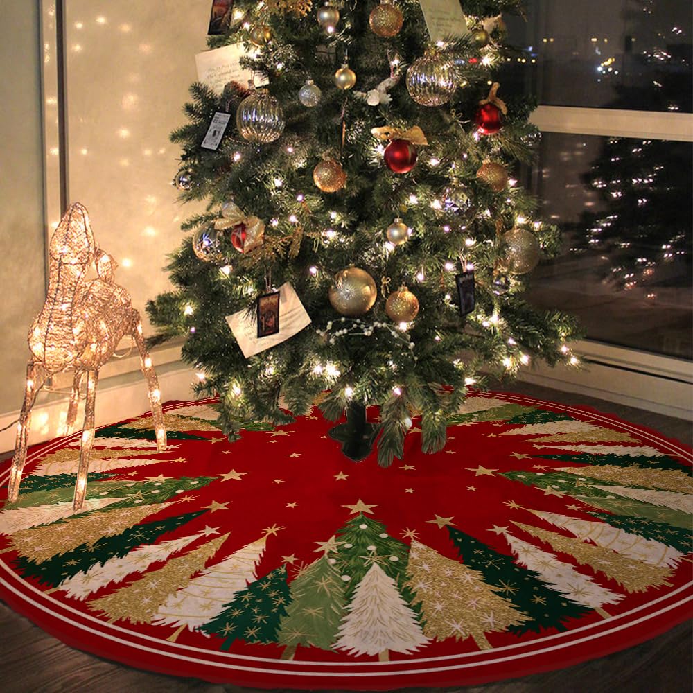 CROWNED BEAUTY Christmas Tree Skirt Collar 48 Inch Xmas Pine Trees Soft Farmhouse Holiday Decoration (Red & Green) CROWNED BEAUTY