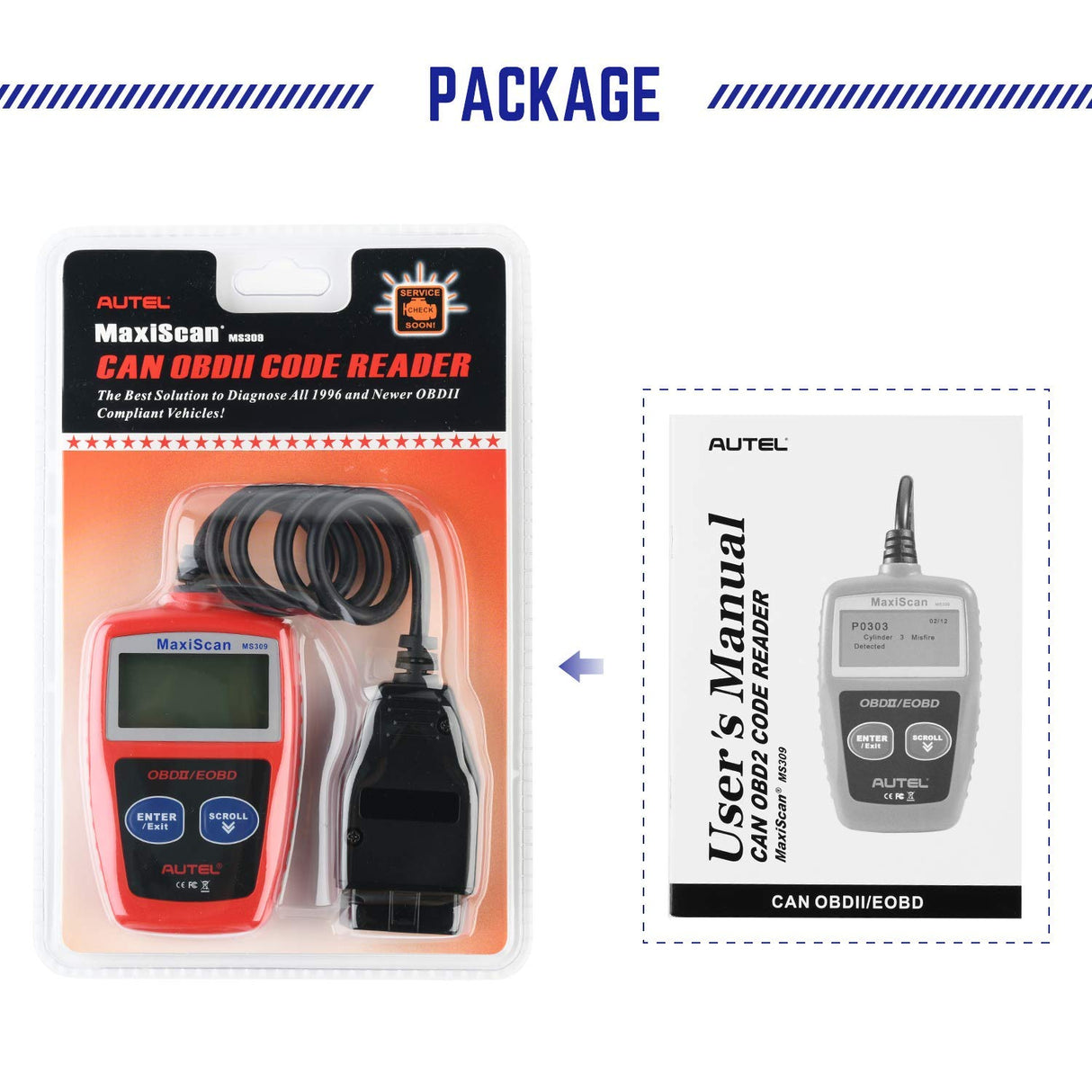 Autel OBD2 Scanner MS309 Universal Car Engine Fault Code Reader, Check Engine Light and Emission Monitor Status, OBDII CAN Diagnostic Scan Tool Autel