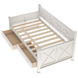 Twin Size Farmhouse Wood Daybed with 2 Storage Drawers, X-Shaped Sturdy Modern and Rustic Casual Style Corner Bed Day Bed Frame with Drawers for Bedroom, No Box Spring Required (Cream White+Twin) THINK 30