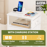 Yoobure Side Table - Night Stand with Charger Station & LED Light, 3 Tier Small End Table Living Room, Bedside Table with Drawer, Record Player Stand with Vinyl Storage, White Nightstand for Bedroom Yoobure