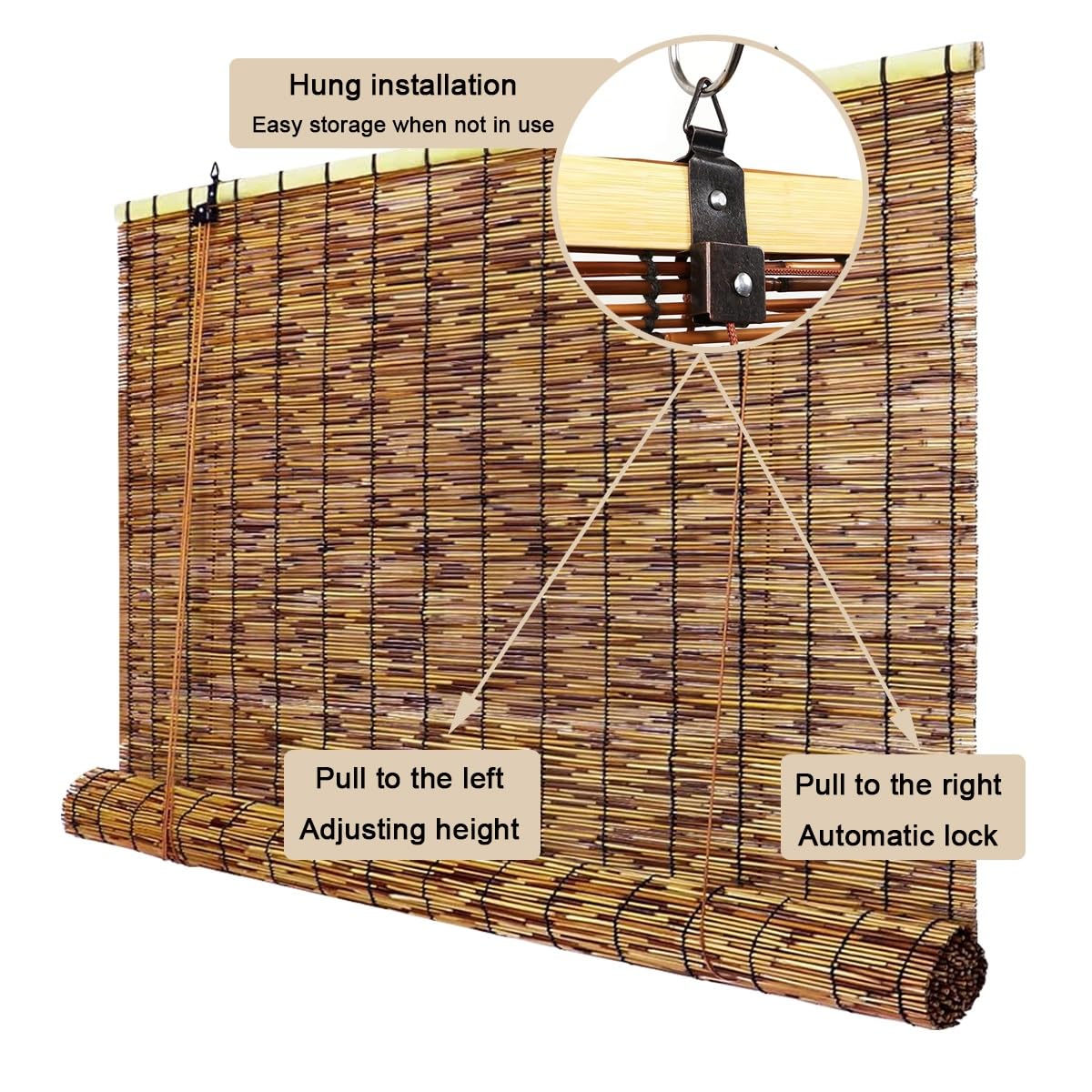 Cordless Bamboo Blackout Blinds for 20-75in Wide Windows Shades, 48-84in Length, Outdoor Bamboo Roller Blinds for Porch or Patio Sun Shades Privacy Protection Roll Up Shades(31x64in(WxH)) ZFSYMGYL