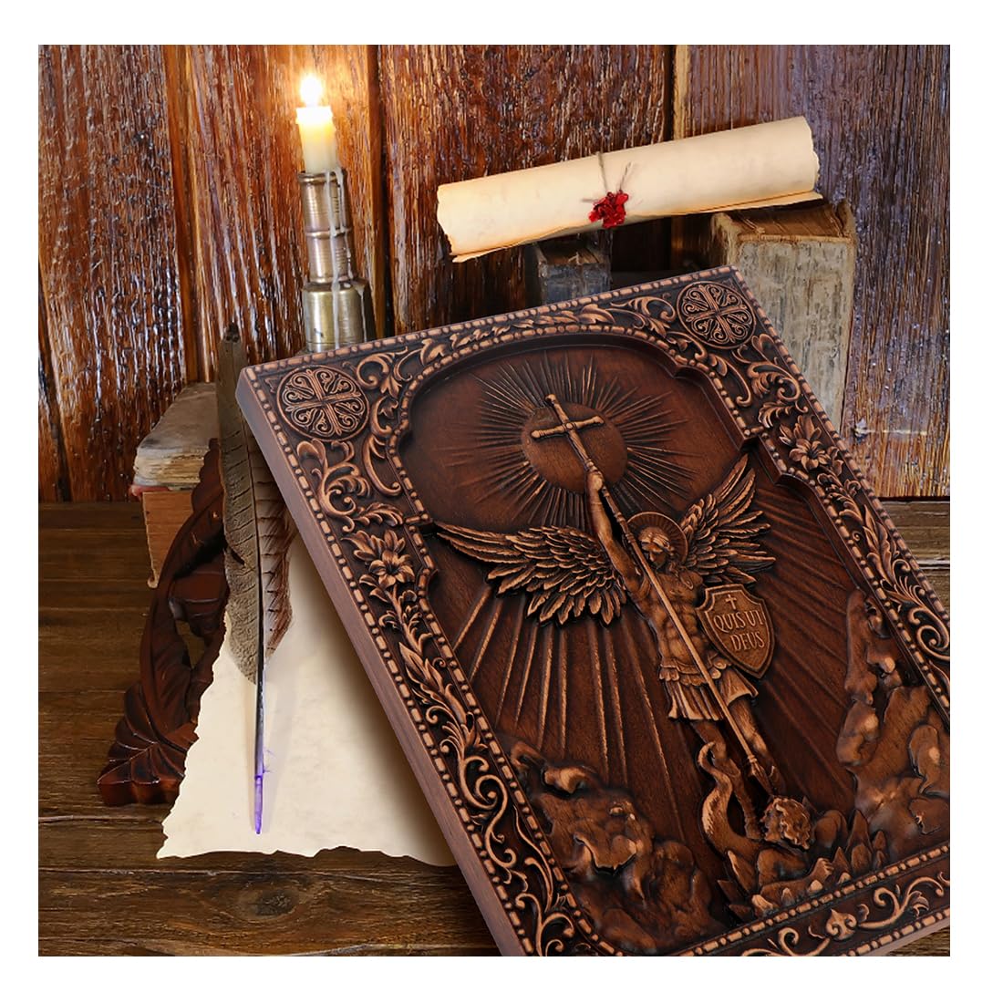 QIADGE Archangel Michael in the Cross Wall Hanging Wooden Carved Home Decor Plaque Personalized Crafts Christian Gift Idea (13.7 * 10.7 in) QIADGE