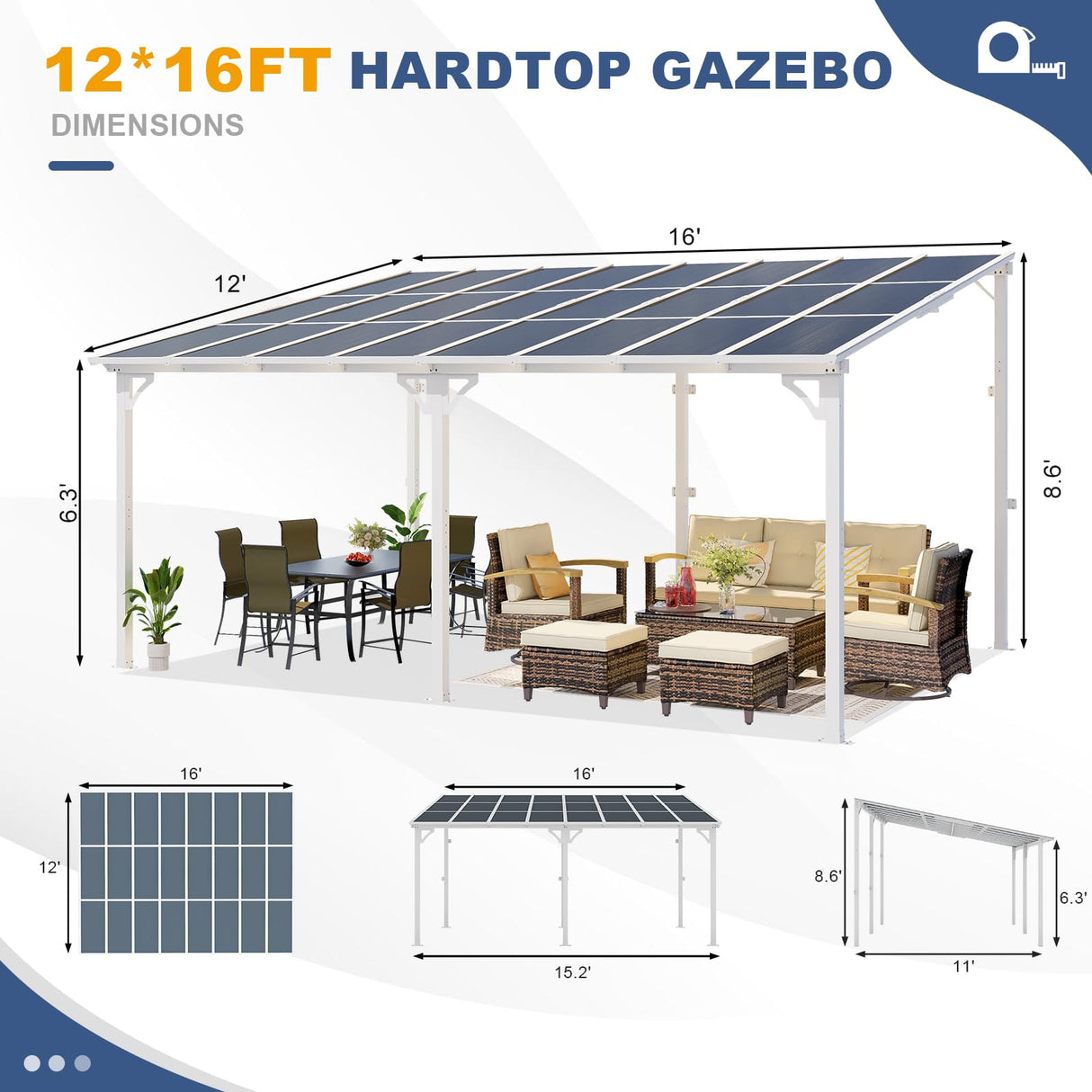 MEISSALIVVE 12' x 16' Gazebo, Wall Mounted Gazebo, Lean to Metal Awnings Gazebos, Gazebo Pergola with Sloped Roof, Outdoor Patio Gazebo Awning for Backyard, Deck, White MEISSALIVVE