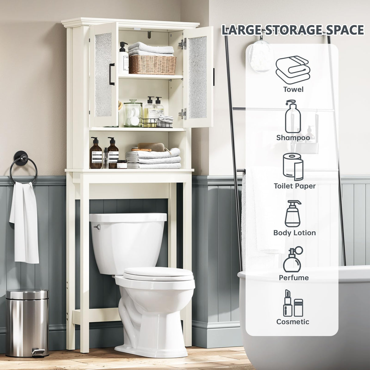 Baztin Over The Toilet Storage Cabinet, Over Toilet Bathroom Organizer with Doors and Adjustable Shelf, Thicken Frame Above Toilet Storage Cabinet Behind Toilet Bathroom Organizer, Cream White Baztin