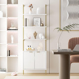 3 Tier White & Gold Ladder Shelf with Storage Cabinet, Modern Ladder Bookshelf with Doors, Wall Mount Bookcase with Metal Frame, Display Shelves for Living Room, Bedroom, Bathroom, Home Office Halitaa