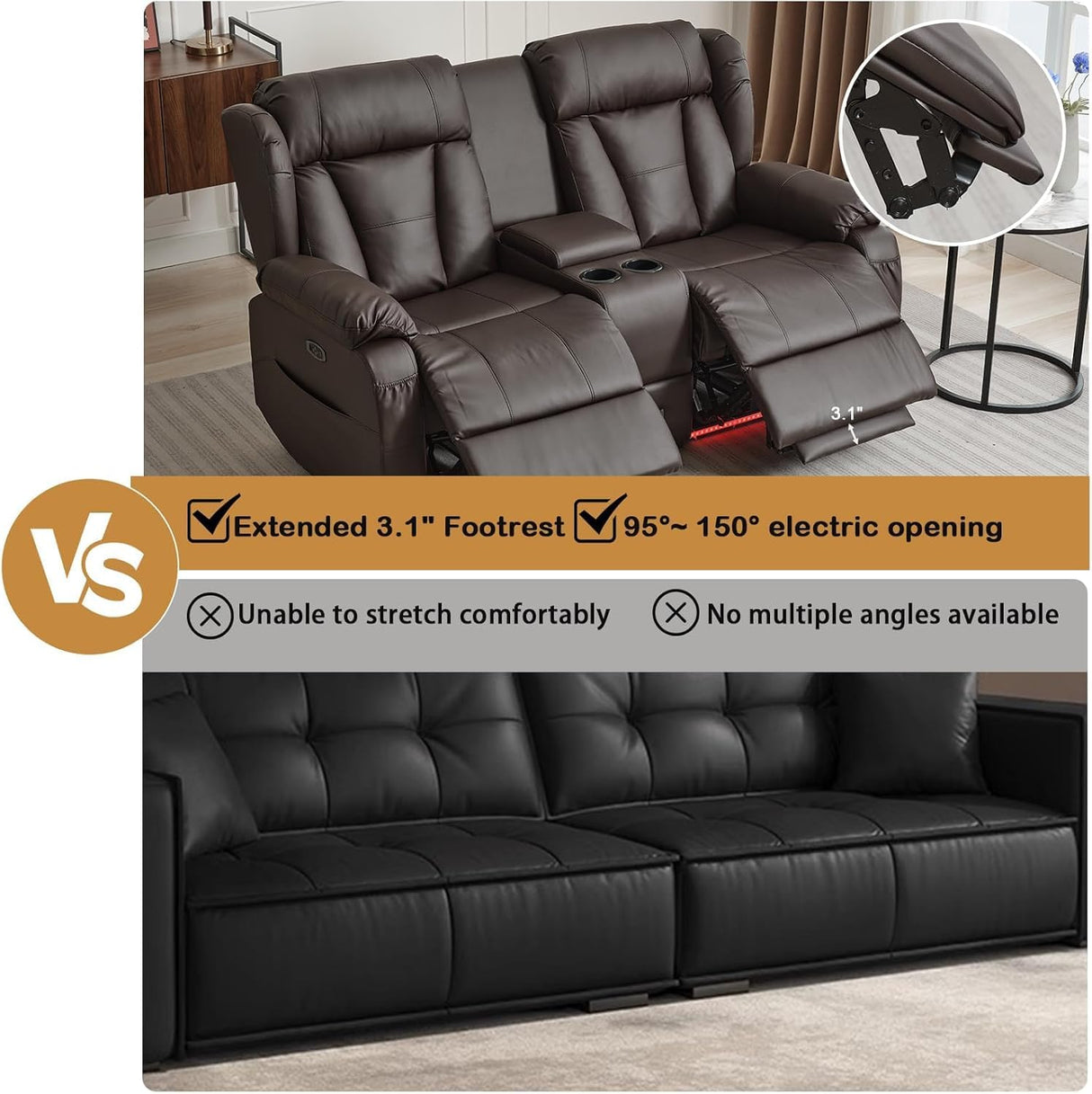 Power Loveseat Recliner Sofa, Home Theater Seating with Console，Reclining Loveseat Sofa RV Couch with LED Lights, Cup Holders, USB, Drawer, Faux Leather for Living Room WISHDEER